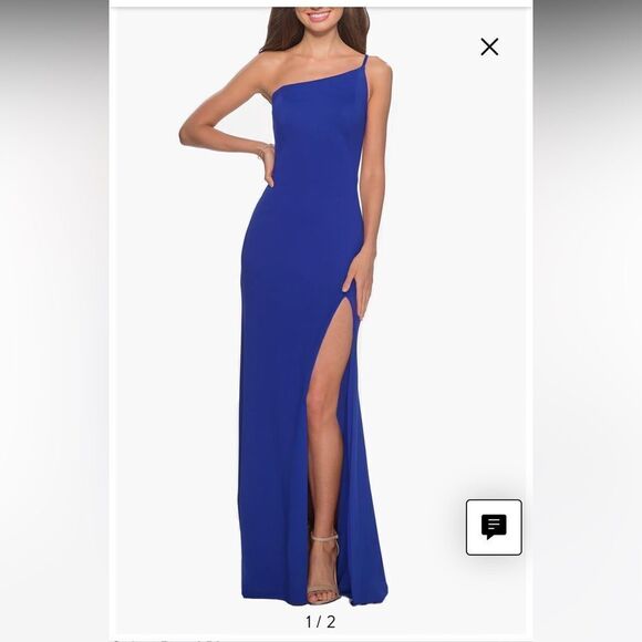 La Femme NWT One-Shoulder Jersey Gown in royal blue size 14 - Picture 2 of 3